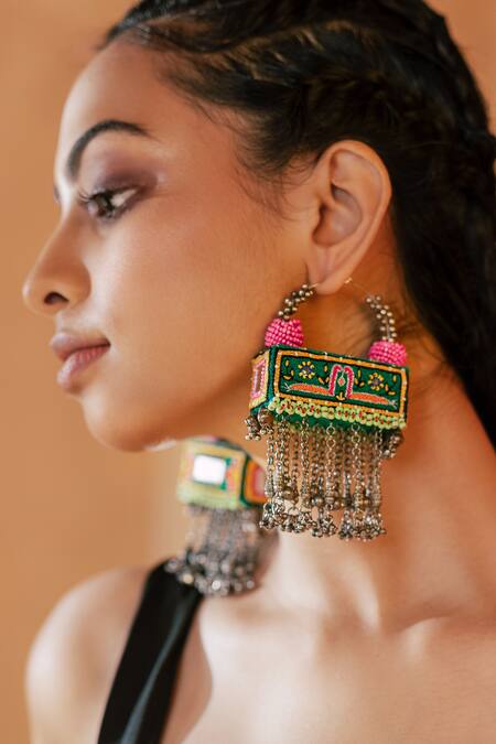 Krutiarts_Green Embroidery, Beads Dagu Earrings _at_Aza_Fashions
