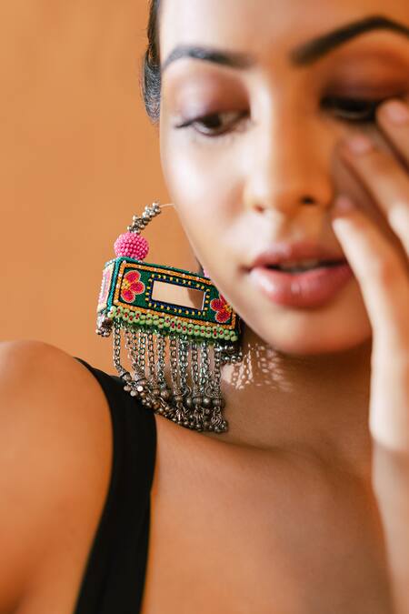 Buy_Krutiarts_Green Embroidery, Beads Dagu Earrings 