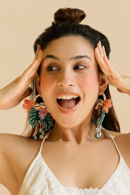 Buy_Krutiarts_Green Embroidery Le Morne Earrings _Online_at_Aza_Fashions