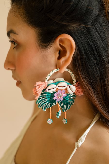 Krutiarts_Green Embroidery Le Morne Earrings _at_Aza_Fashions