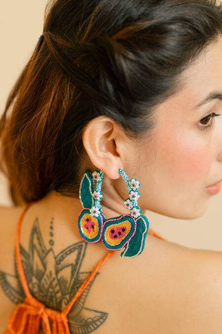 Krutiarts_Green Embroidery Bermuda Papaya Earrings _Online_at_Aza_Fashions