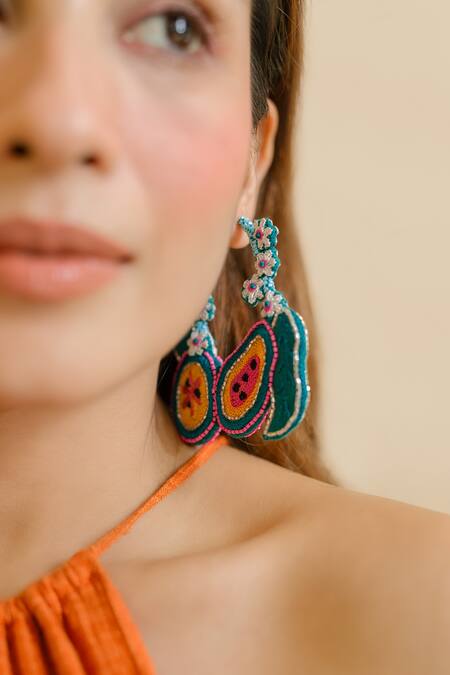 Buy_Krutiarts_Green Embroidery Bermuda Papaya Earrings _Online_at_Aza_Fashions