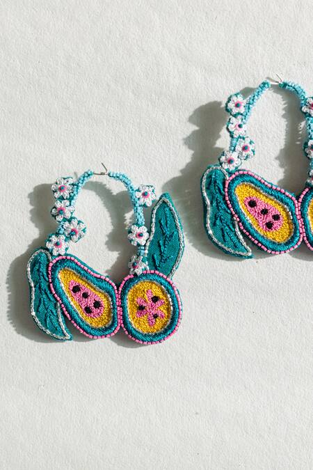 Shop_Krutiarts_Green Embroidery Bermuda Papaya Earrings _Online_at_Aza_Fashions