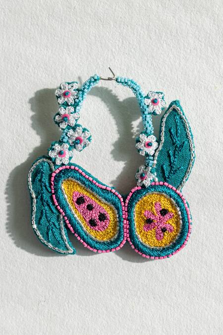 Krutiarts_Green Embroidery Bermuda Papaya Earrings _at_Aza_Fashions