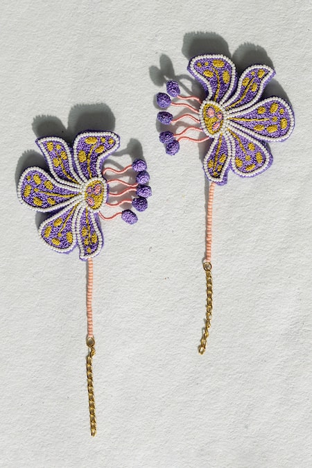 Shop_Krutiarts_Purple Embroidery, Beads Matira Ear Cuffs _at_Aza_Fashions