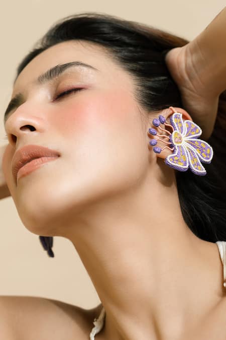 Krutiarts_Purple Embroidery, Beads Matira Ear Cuffs _Online_at_Aza_Fashions