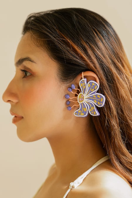 Shop_Krutiarts_Purple Embroidery, Beads Matira Ear Cuffs _Online_at_Aza_Fashions