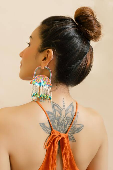 Krutiarts_Blue Embroidery, Cut Work Tulum Earrings _at_Aza_Fashions