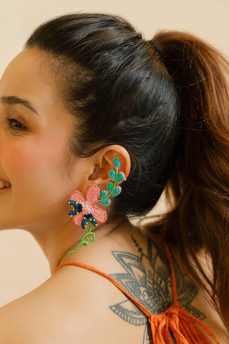 Shop_Krutiarts_Peach Embroidery Tahiti Ear Cuffs _Online_at_Aza_Fashions