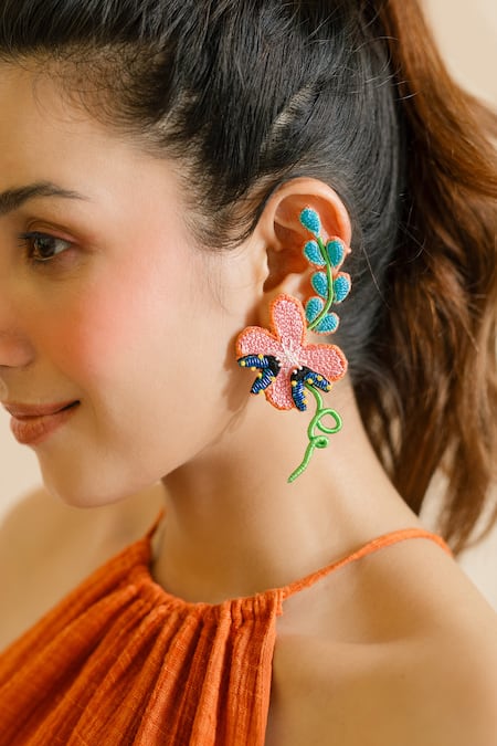 Krutiarts_Peach Embroidery Tahiti Ear Cuffs _at_Aza_Fashions