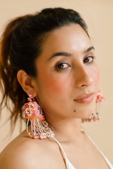Krutiarts_Peach Embroidery Maldives Cuboid Earrings _Online_at_Aza_Fashions