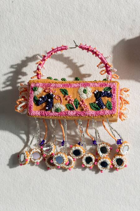 Buy_Krutiarts_Peach Embroidery Maldives Cuboid Earrings _Online_at_Aza_Fashions