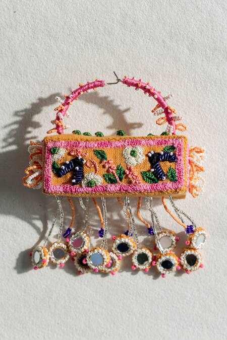 Shop_Krutiarts_Peach Embroidery Maldives Cuboid Earrings _Online_at_Aza_Fashions