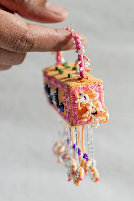 Krutiarts_Peach Embroidery Maldives Cuboid Earrings _at_Aza_Fashions