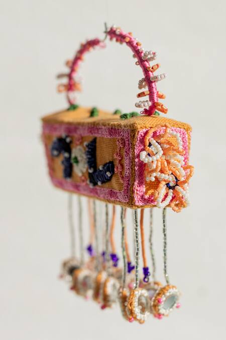 Buy_Krutiarts_Peach Embroidery Maldives Cuboid Earrings 