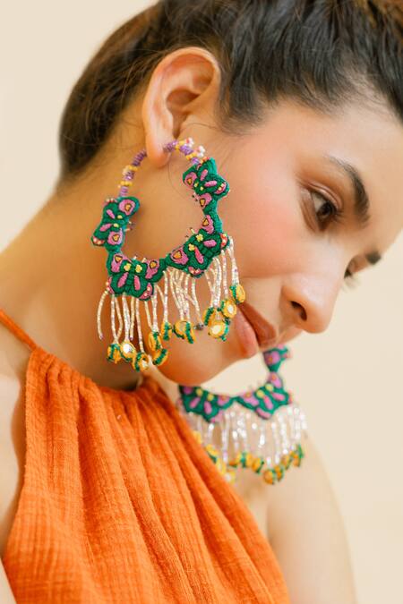 Krutiarts_Green Embroidery Navagio Hoops _at_Aza_Fashions
