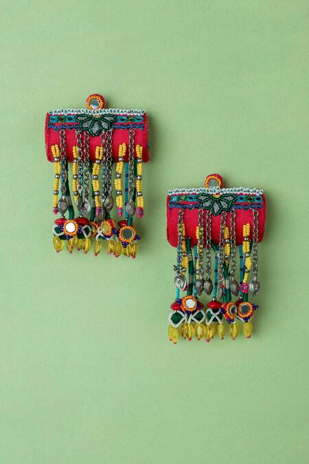 Krutiarts_Pink Embroidery, Beads, Crystals Baggha Earrings _Online_at_Aza_Fashions