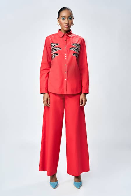 Shahin Mannan_Red Poplin Solid Flared Pant _Online_at_Aza_Fashions