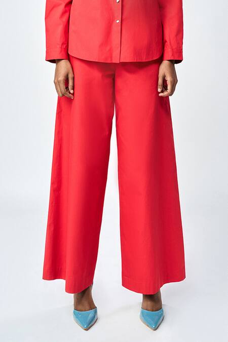 Buy_Shahin Mannan_Red Poplin Solid Flared Pant _Online_at_Aza_Fashions