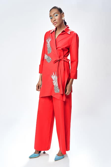 Shop_Shahin Mannan_Red Poplin Plain Flared Pant _Online_at_Aza_Fashions