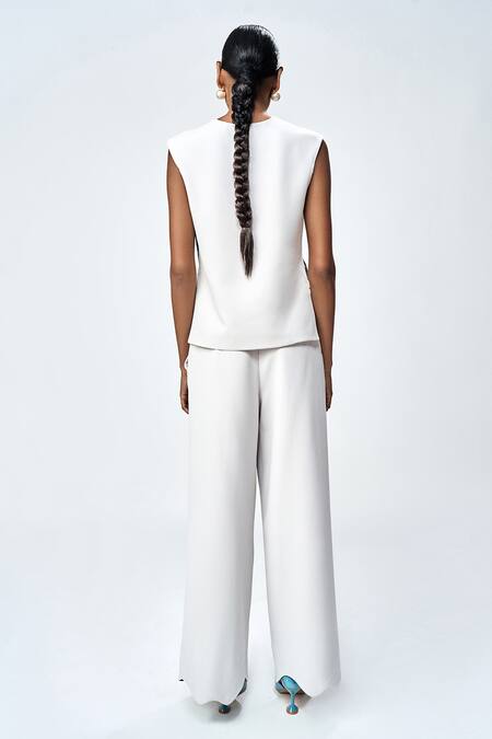 Shop_Shahin Mannan_Grey Double Crepe Plain Cutwork Hem Flared Pant _at_Aza_Fashions