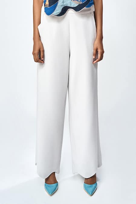 Shahin Mannan_Grey Double Crepe Plain Cutwork Hem Flared Pant _Online_at_Aza_Fashions