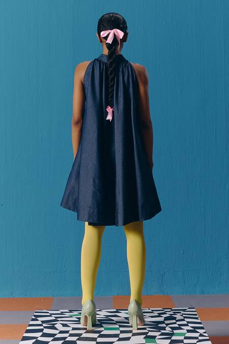 Shop Pooja Rajgarhia Gupta Blue Denim Embroidery Halter Neck The Celestial Dress at Aza Fashions Shop_Pooja Rajgarhia Gupta_Blue Denim Embroidery Halter Neck The Celestial Dress _at_Aza_Fashions