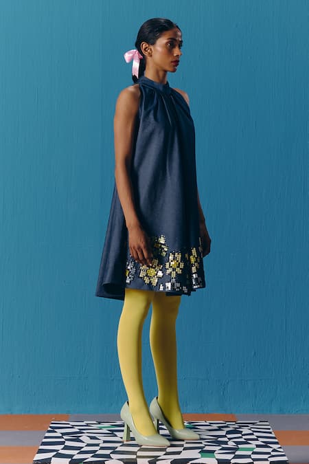Pooja Rajgarhia Gupta Blue Denim Embroidery Halter Neck The Celestial Dress Online at Aza Fashions Pooja Rajgarhia Gupta_Blue Denim Embroidery Halter Neck The Celestial Dress _Online_at_Aza_Fashions