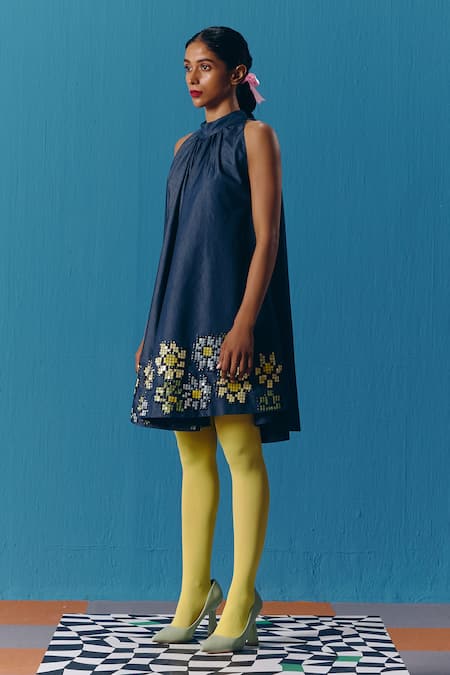 Buy Pooja Rajgarhia Gupta Blue Denim Embroidery Halter Neck The Celestial Dress Online at Aza Fashions Buy_Pooja Rajgarhia Gupta_Blue Denim Embroidery Halter Neck The Celestial Dress _Online_at_Aza_Fashions