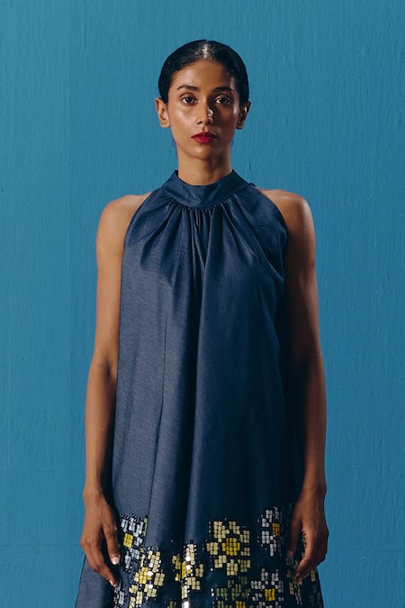 Shop Pooja Rajgarhia Gupta Blue Denim Embroidery Halter Neck The Celestial Dress Online at Aza Fashions Shop_Pooja Rajgarhia Gupta_Blue Denim Embroidery Halter Neck The Celestial Dress _Online_at_Aza_Fashions