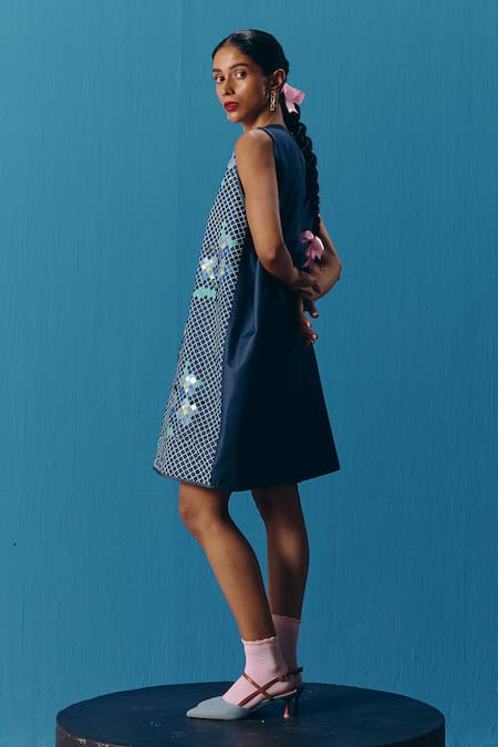 Shop_Pooja Rajgarhia Gupta_Blue Denim Embroidery Round Neck Hand Dress _at_Aza_Fashions