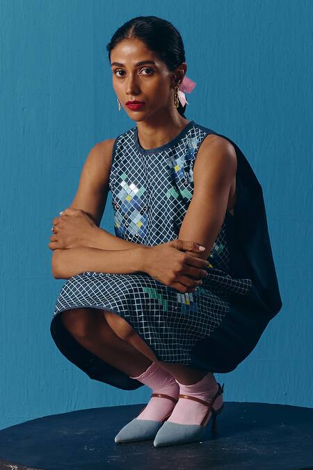 Buy_Pooja Rajgarhia Gupta_Blue Denim Embroidery Round Neck Hand Dress _Online_at_Aza_Fashions