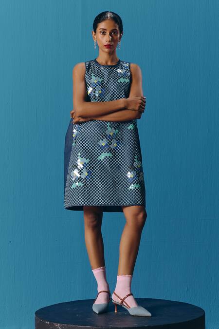 Shop_Pooja Rajgarhia Gupta_Blue Denim Embroidery Round Neck Hand Dress _Online_at_Aza_Fashions