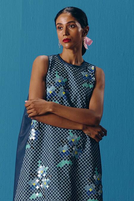 Pooja Rajgarhia Gupta_Blue Denim Embroidery Round Neck Hand Dress _at_Aza_Fashions