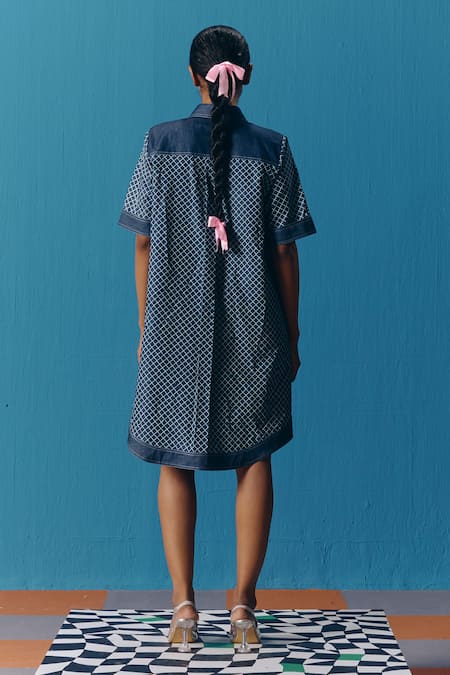 Shop_Pooja Rajgarhia Gupta_Blue Denim Embroidery Collared Hand Shirt Dress _at_Aza_Fashions
