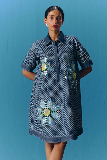 Pooja Rajgarhia Gupta_Blue Denim Embroidery Collared Hand Shirt Dress _Online_at_Aza_Fashions