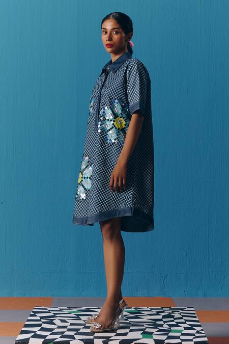 Buy_Pooja Rajgarhia Gupta_Blue Denim Embroidery Collared Hand Shirt Dress _Online_at_Aza_Fashions