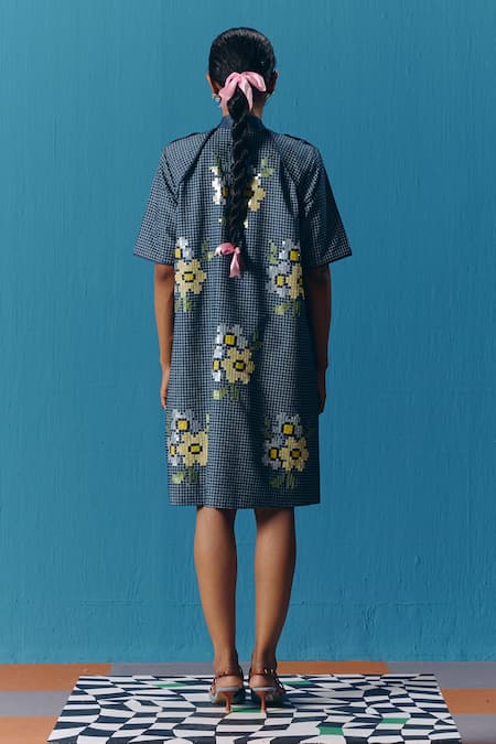 Shop_Pooja Rajgarhia Gupta_Blue Denim Embroidery Collared Starlet Jacket Dress _at_Aza_Fashions