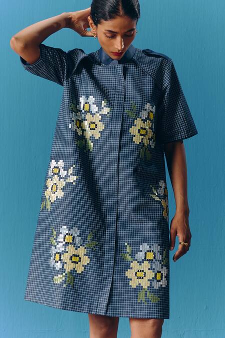 Pooja Rajgarhia Gupta_Blue Denim Embroidery Collared Starlet Jacket Dress _Online_at_Aza_Fashions