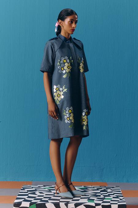 Buy_Pooja Rajgarhia Gupta_Blue Denim Embroidery Collared Starlet Jacket Dress _Online_at_Aza_Fashions