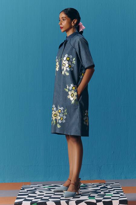 Shop_Pooja Rajgarhia Gupta_Blue Denim Embroidery Collared Starlet Jacket Dress _Online_at_Aza_Fashions