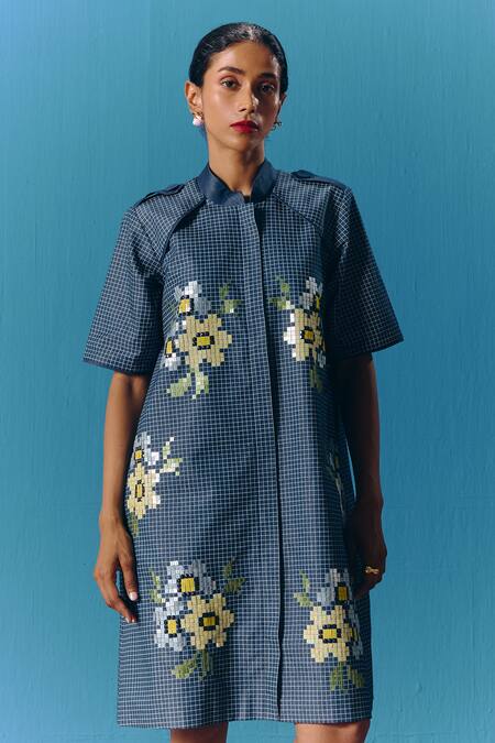 Pooja Rajgarhia Gupta_Blue Denim Embroidery Collared Starlet Jacket Dress _at_Aza_Fashions