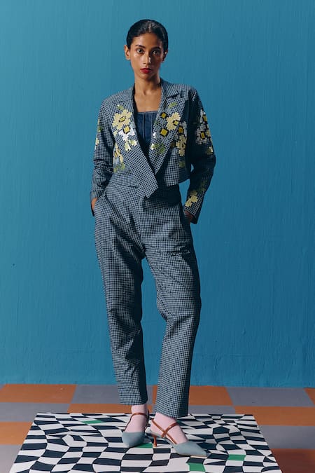 Pooja Rajgarhia Gupta Blue Denim Hand Embroidery Floral Lapel Collar Nebula Jacket 