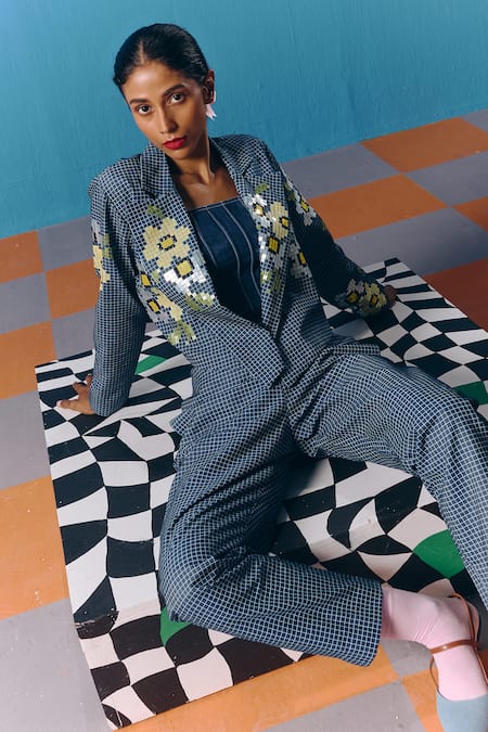 Pooja Rajgarhia Gupta Blue Denim Sequins Collared Nebula Hand Embroidered Jacket at Aza Fashions Pooja Rajgarhia Gupta_Blue Denim Sequins Collared Nebula Hand Embroidered Jacket _at_Aza_Fashions