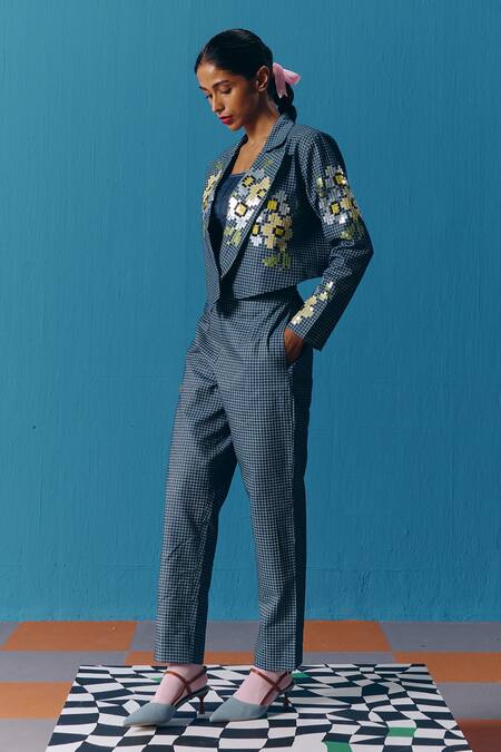 Shop_Pooja Rajgarhia Gupta_Blue Denim Chequered Pant _at_Aza_Fashions