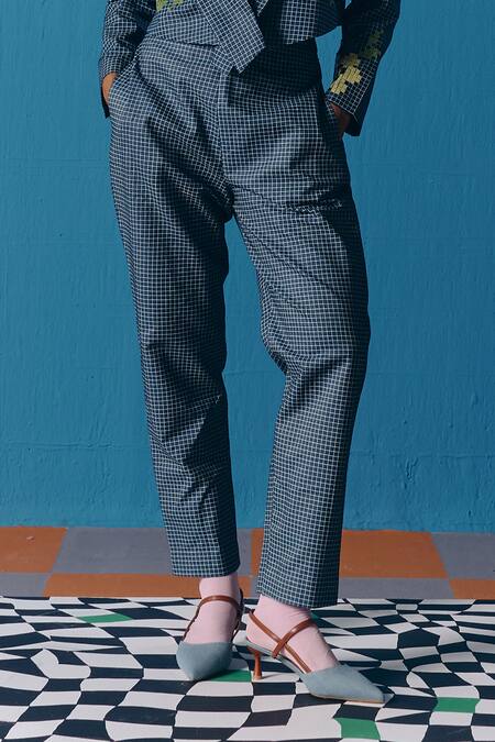 Pooja Rajgarhia Gupta_Blue Denim Chequered Pant _Online_at_Aza_Fashions