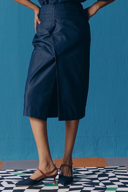 Shop_Pooja Rajgarhia Gupta_Blue Denim Pleated Skirt _at_Aza_Fashions