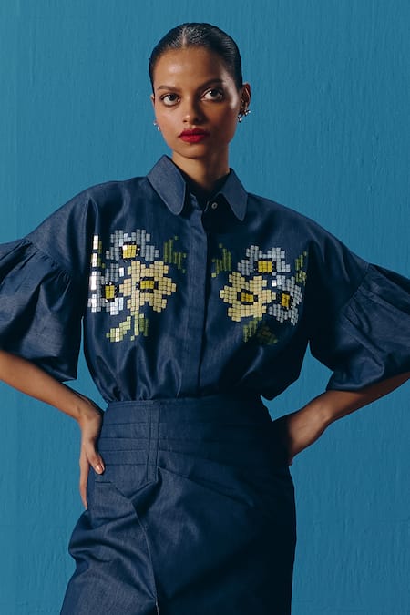 Pooja Rajgarhia Gupta Blue Denim Hand Embroidery Floral Collared Neck Shirt 