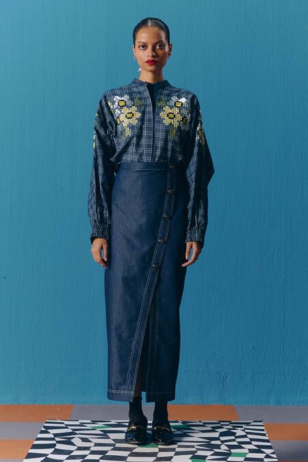 Buy Pooja Rajgarhia Gupta Blue Denim Sequins Mandarin Collar Astral Kimono Shirt Online at Aza Fashions Buy_Pooja Rajgarhia Gupta_Blue Denim Sequins Mandarin Collar Astral Kimono Shirt _Online_at_Aza_Fashions