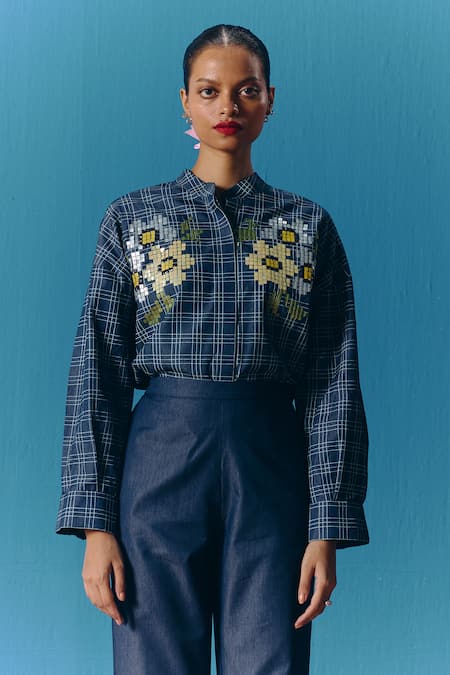 Pooja Rajgarhia Gupta Blue Denim Hand Embroidery Floral Collared Neck Starlet Shirt 